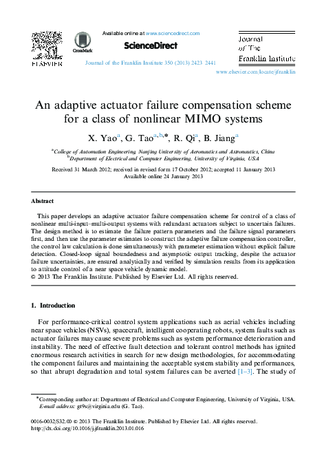 (PDF) An adaptive actuator failure compensation scheme for a class of ...