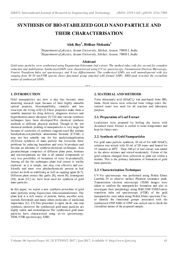 (PDF) Synthesis of Bio-Stabilized Gold Nano Particle and Their ...