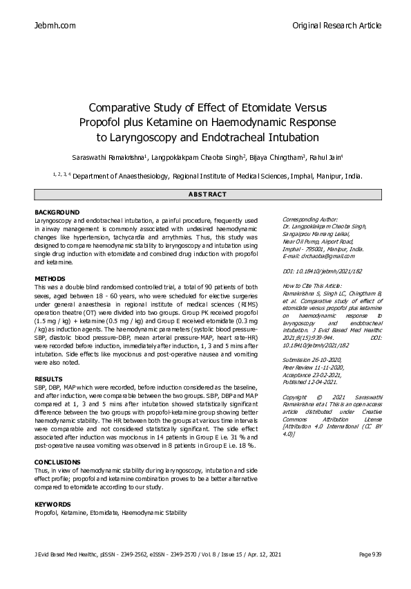 (PDF) Comparative Study of Effect of Etomidate Versus Propofol plus ...