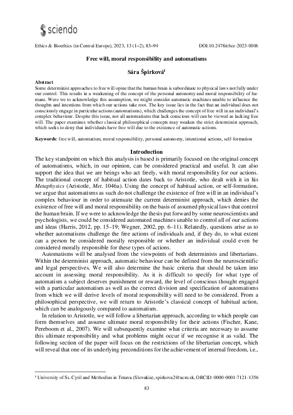 (PDF) Free will, moral responsibility and automatisms