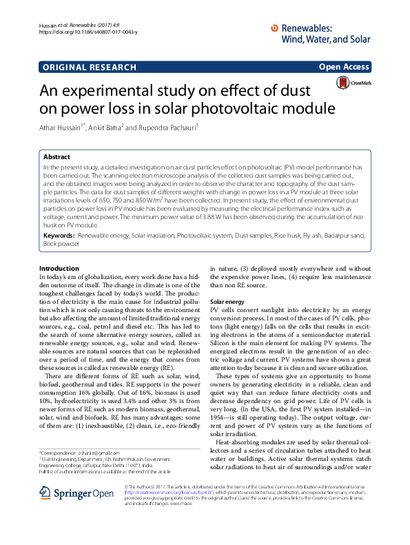 (PDF) An experimental study on effect of dust on power loss in solar ...