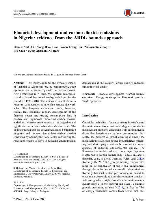 (PDF) Financial development and carbon dioxide emissions in Nigeria ...