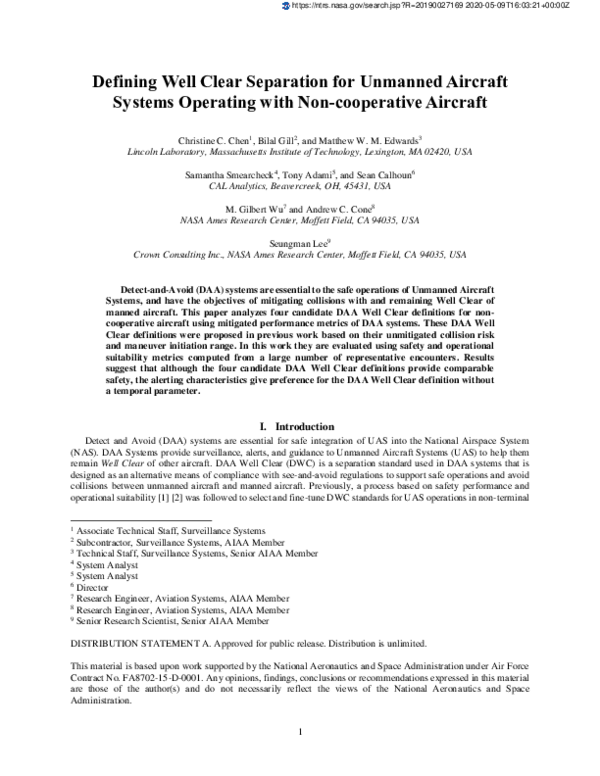 (PDF) Defining Well Clear Separation for Unmanned Aircraft Systems ...
