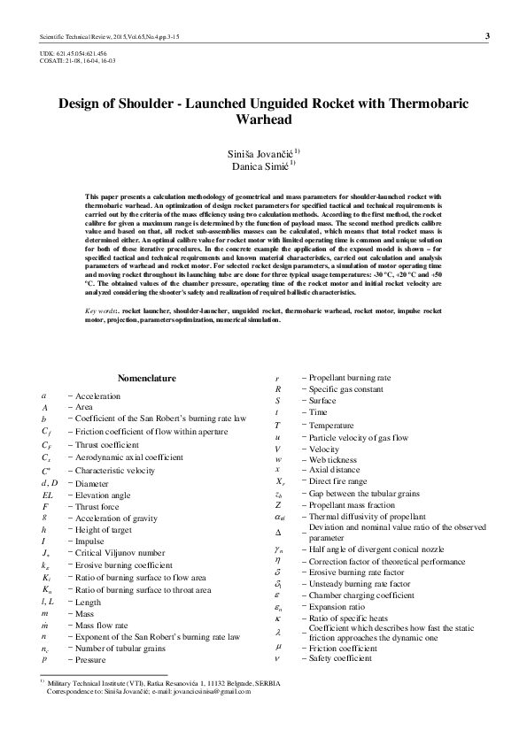 (PDF) Design of shoulder: Launched unguided rocket with thermobaric warhead