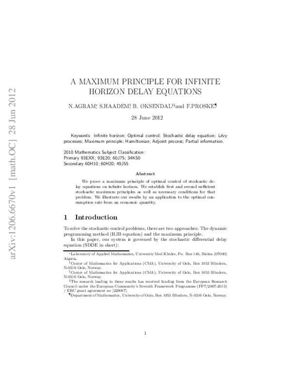 (PDF) A Maximum Principle for Infinite Horizon Delay Equations