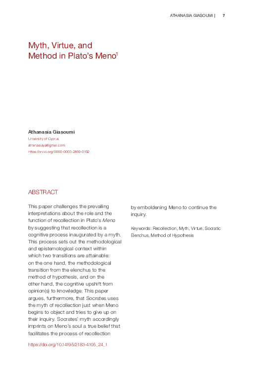 (PDF) Myth, virtue and method in Plato’s Meno