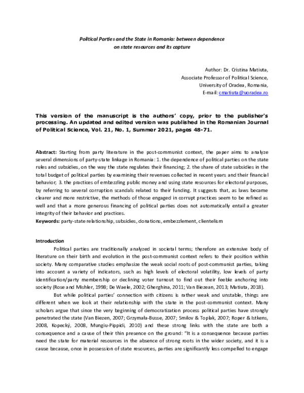 (PDF) Political Parties and the State in Romania: between dependence on ...