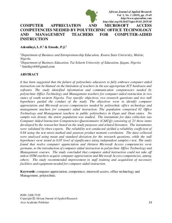 PDF) Computer Appreciation and Microsoft Access Competencies 
