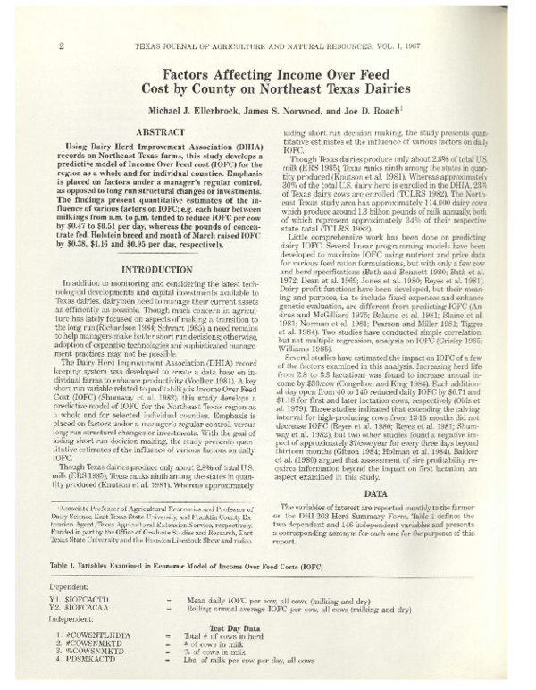 Factors Affecting Income Over Feed Cost by County on Northeast Texas Dairies