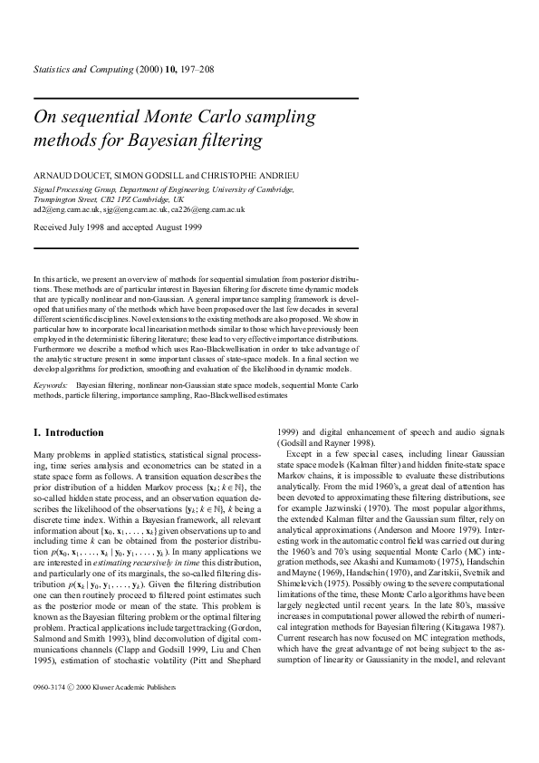 (PDF) On sequential Monte Carlo sampling methods for Bayesian filtering