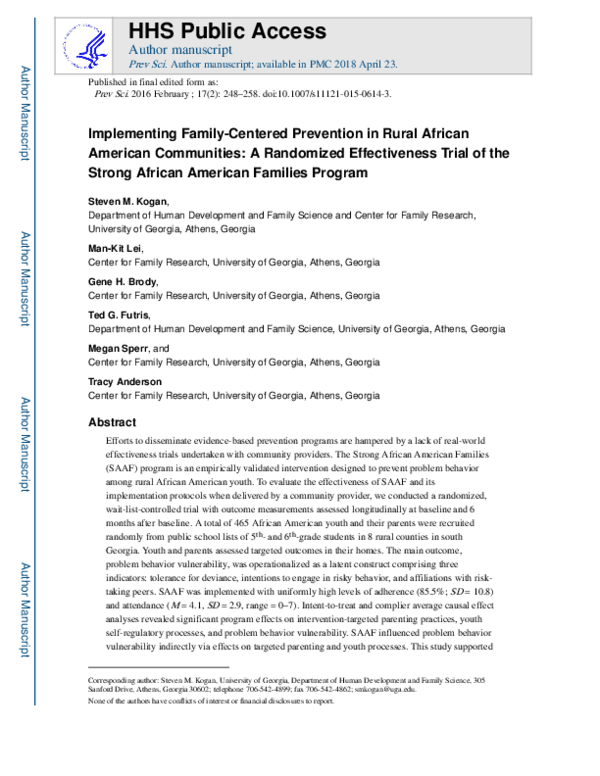 (PDF) Implementing Family-Centered Prevention in Rural African American ...