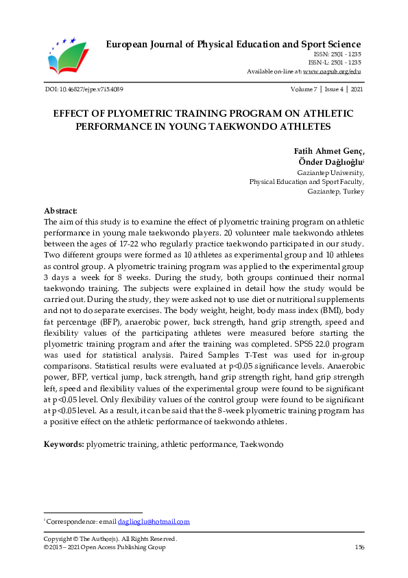 (PDF) EFFECT OF PLYOMETRIC TRAINING PROGRAM ON ATHLETIC PERFORMANCE IN ...