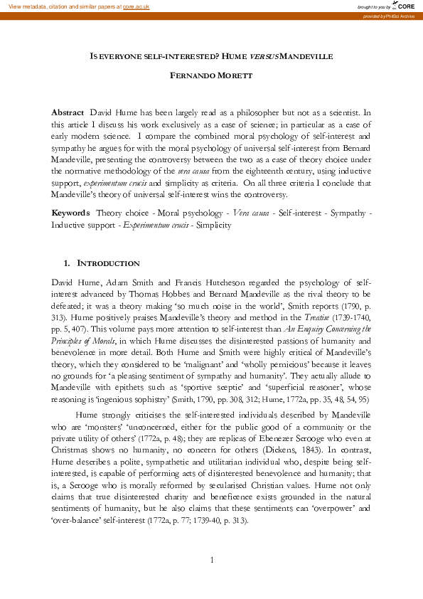 (PDF) Is Everyone Self-Interested? Hume versus Mandeville