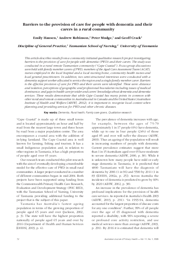 (PDF) Barriers to the provision of care for people with dementia and ...