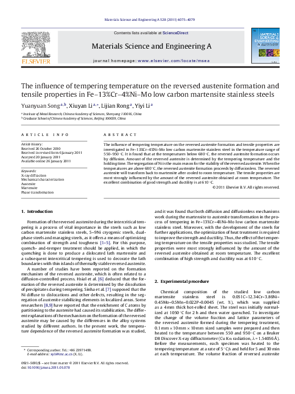 (PDF) The influence of tempering temperature on the reversed austenite ...