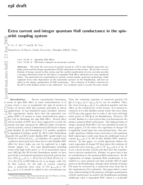 (PDF) Extra current and integer quantum Hall conductance in the spin ...