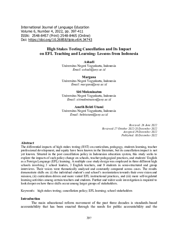 (PDF) High Stakes Testing Cancellation and its Impact on EFL Teaching ...