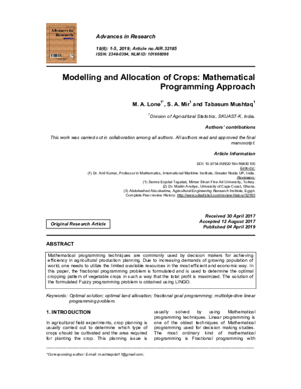 (PDF) Modelling and Allocation of Crops: Mathematical Programming Approach
