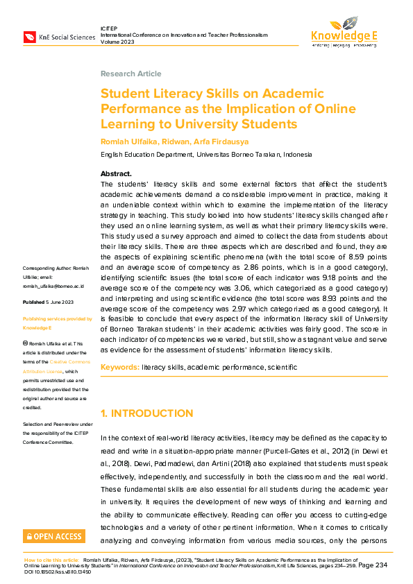 (PDF) Student Literacy Skills on Academic Performance as the ...