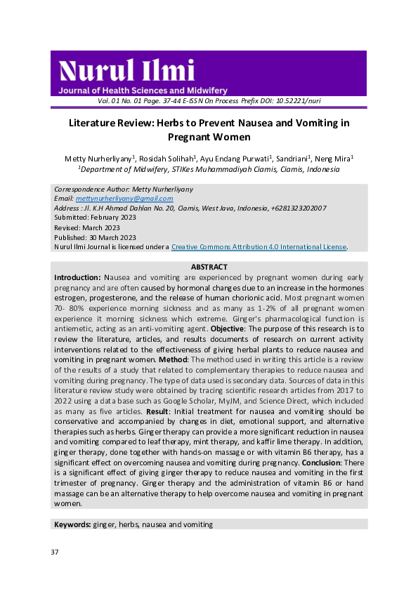 (PDF) Literature Review: Herbs to Prevent Nausea and Vomiting in ...