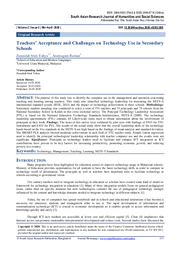(PDF) Teachers’ Acceptance and Challenges on Technology Use in ...