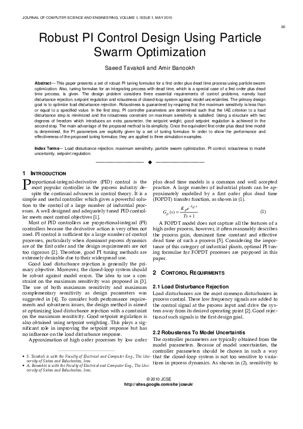 (PDF) Robust PI Control Design Using Particle Swarm Optimization