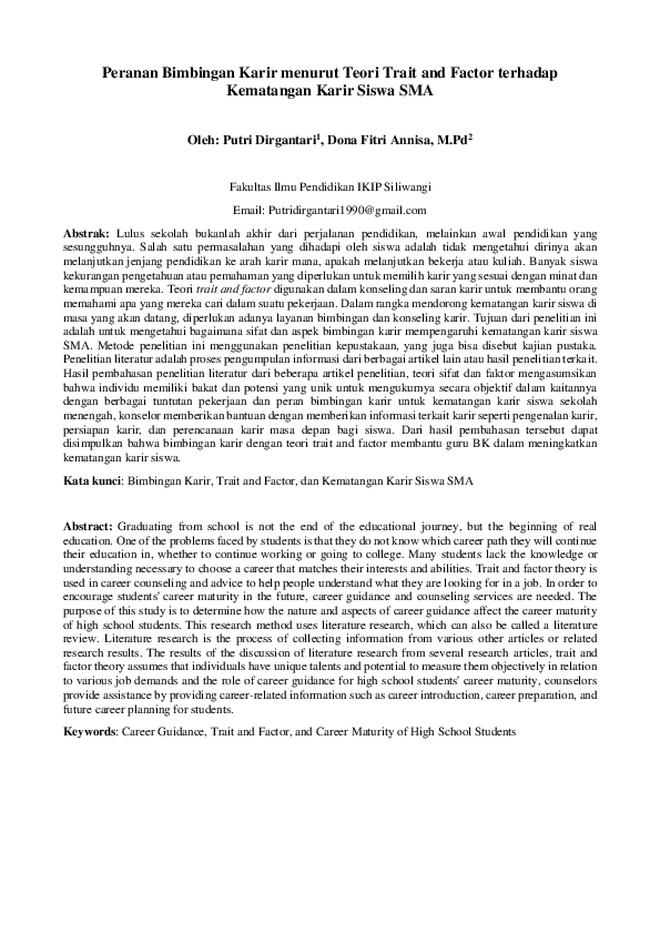 (PDF) Peranan Bimbingan Karir menurut Teori Trait and Factor terhadap ...