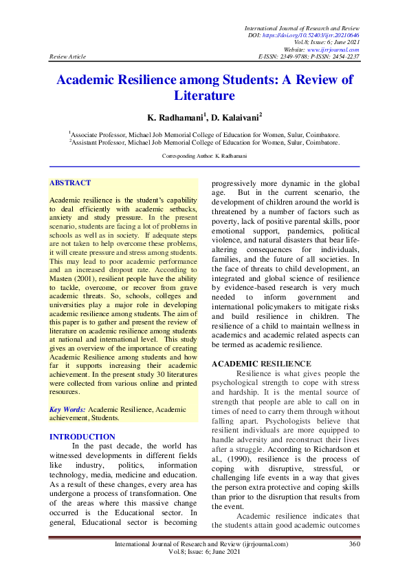 (PDF) Academic Resilience among Students: A Review of Literature