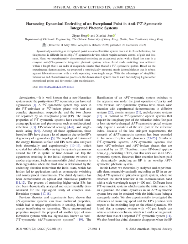 (PDF) Harnessing Dynamical Encircling of an Exceptional Point in Anti ...