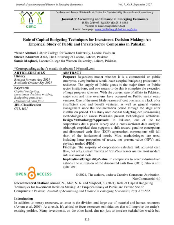 (PDF) Role of Capital Budgeting Techniques for Investment Decision ...
