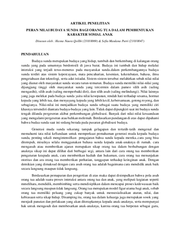 (PDF) ARTIKEL PENELITIAN PERAN NILAI BUDAYA SUNDA BAGI ORANG TUA DALAM