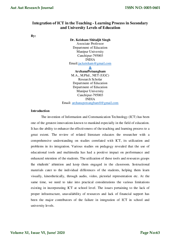 (PDF) Integration of ICT in the Teaching -Learning Process in Secondary ...