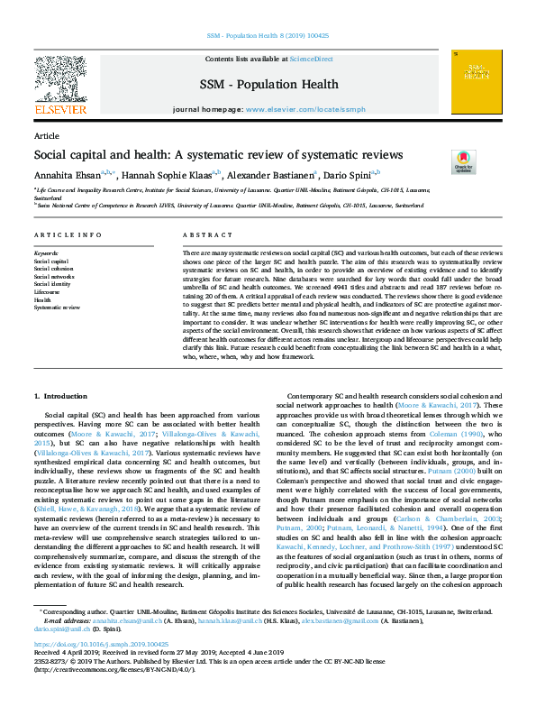 (PDF) Social capital and health: A systematic review of systematic reviews