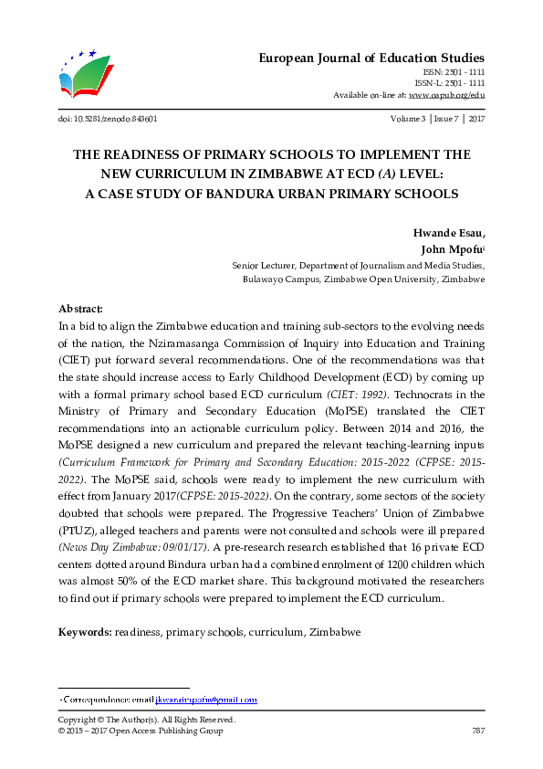 (PDF) The Readiness of Primary Schools to Implement the New Curriculum