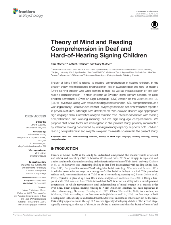 (PDF) Theory of Mind and Reading Comprehension in Deaf and Hard-of ...
