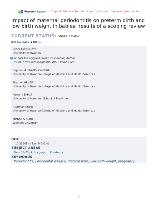 (PDF) Impact of maternal periodontitis on preterm birth and low birth ...