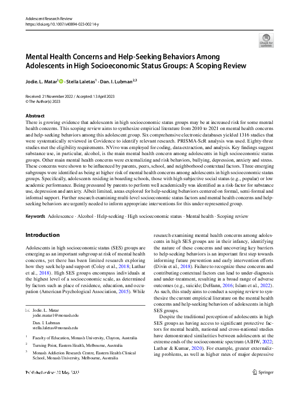 Mental Health Concerns and Help-Seeking Behaviors Among Adolescents in High Socioeconomic Status Groups: A Scoping Review