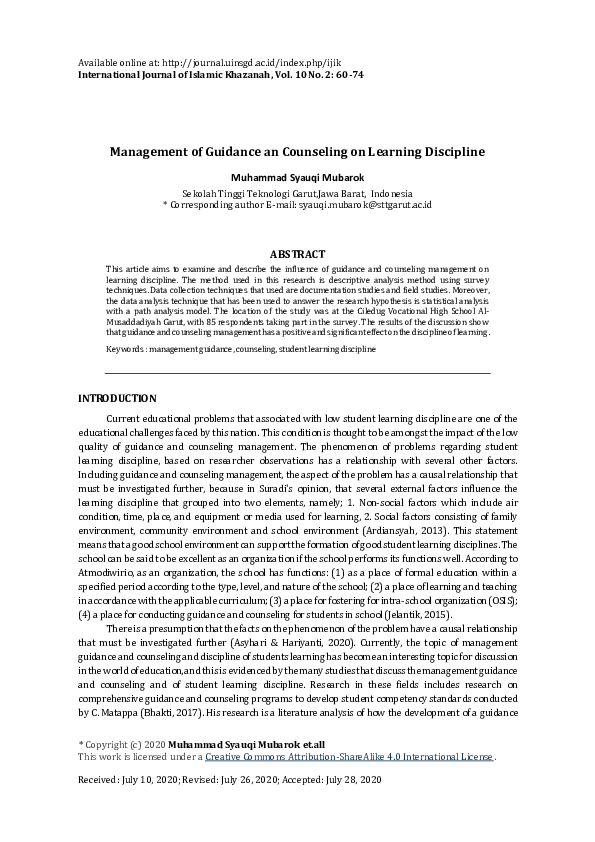 (PDF) Management of Guidance and Counseling on Learning Discipline