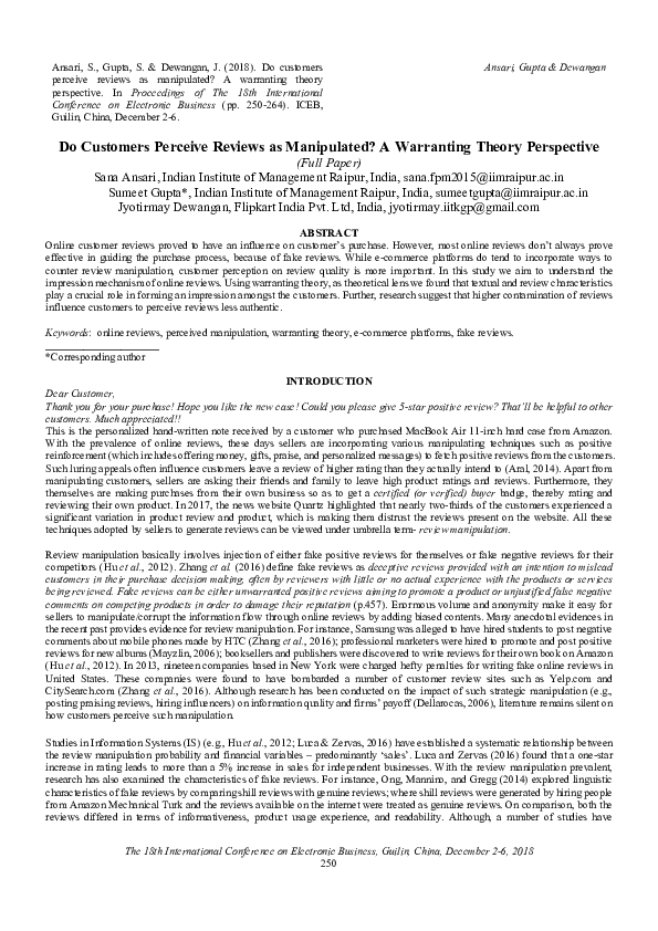 (PDF) Do Customers Perceive Reviews as Manipulated? A Warranting Theory ...