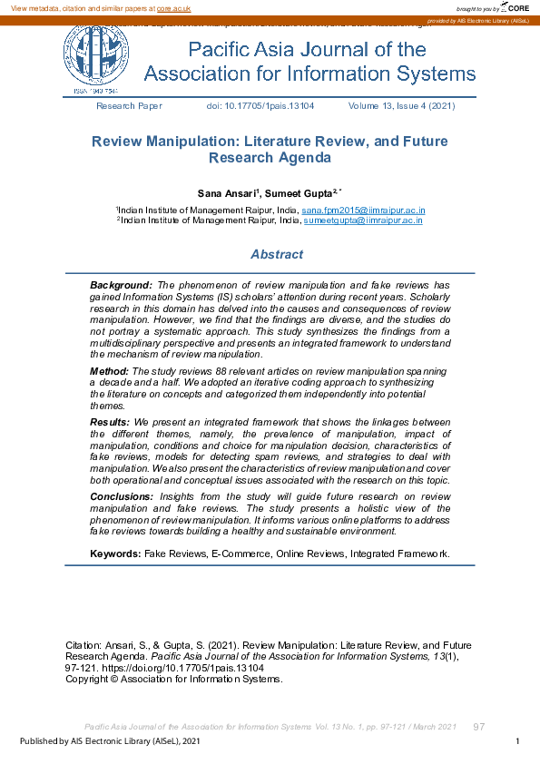 (PDF) Review Manipulation Literature Review, and Future Research
