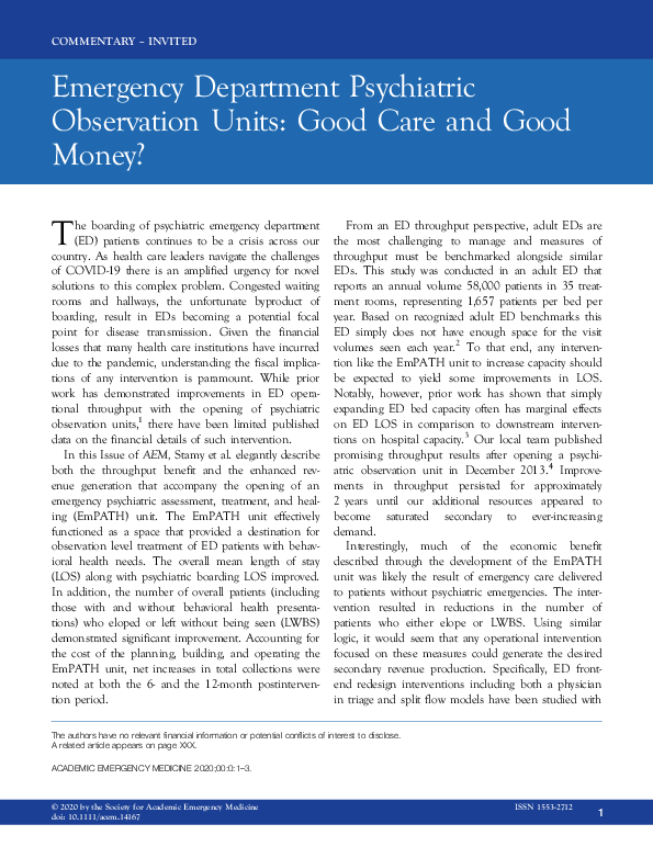 (PDF) Emergency Department Psychiatric Observation Units: Good Care and ...