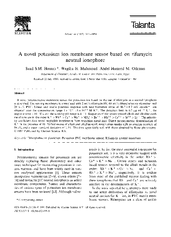 A novel potassium ion membrane sensor based on rifamycin neutral ionophore