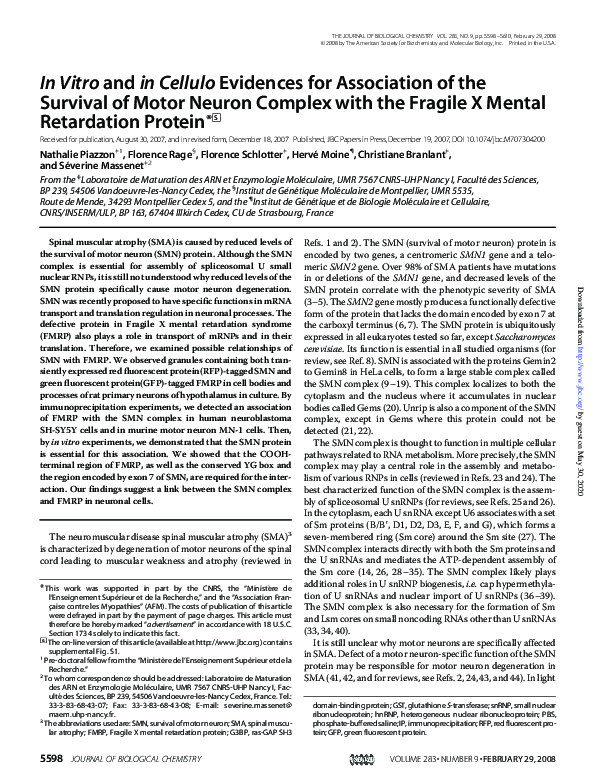 (PDF) In Vitro and in Cellulo Evidences for Association of the Survival ...