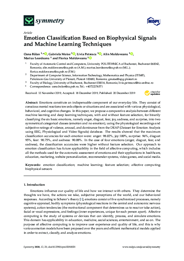 (PDF) Emotion Classification Based on Biophysical Signals and Machine ...