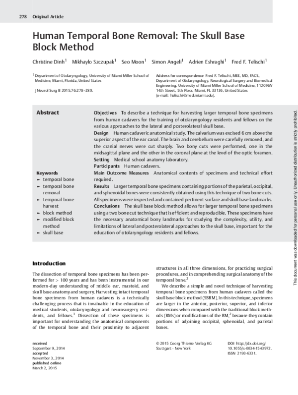 (PDF) Human Temporal Bone Removal: Skull Base Block Method