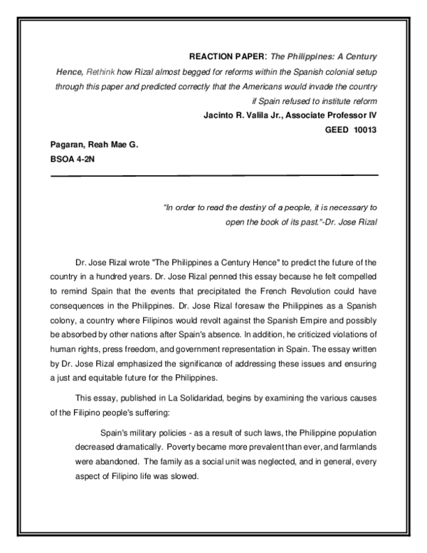 (PDF) REACTION PAPER: The Philippines a Century Hence by Dr. Jose Rizal