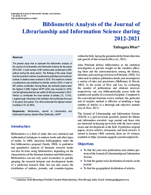 (PDF) Bibliometric Analysis of the Journal of Librarianship and ...