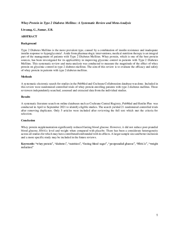 (PDF) Whey Protein in Type 2 Diabetes Mellitus: A Systematic Review and ...