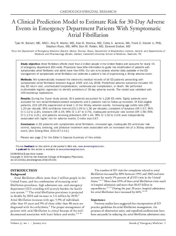 (PDF) A Clinical Prediction Model to Estimate Risk for 30-Day Adverse ...