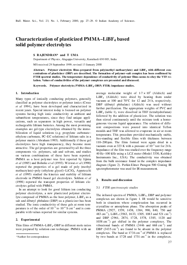(PDF) Characterization of plasticized PMMA-LiBF4 based solid polymer ...